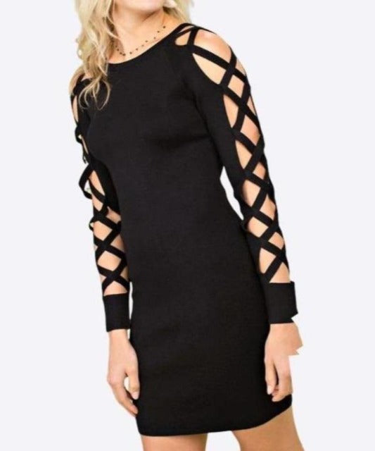 caged bodycon dress Caged Curves Side Wide Open Long Sleeve Dress #22661 Red / L