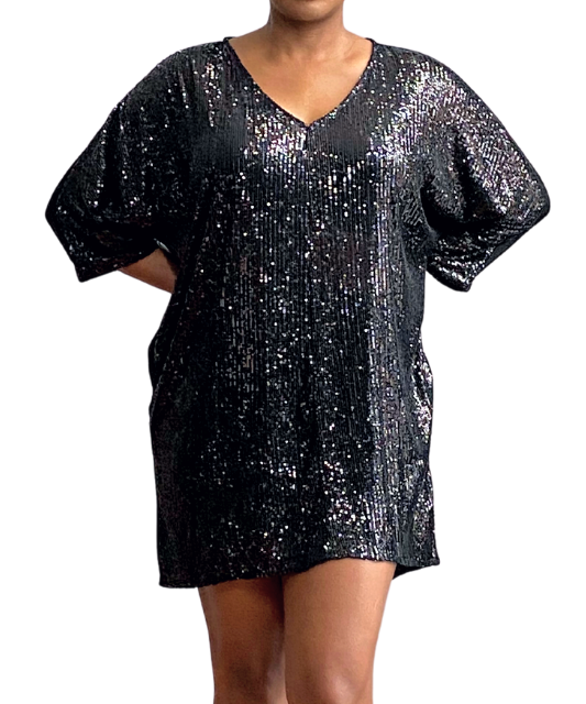 Shimmering Nights Black Sequin Shirt Dress DeVanit Boutique