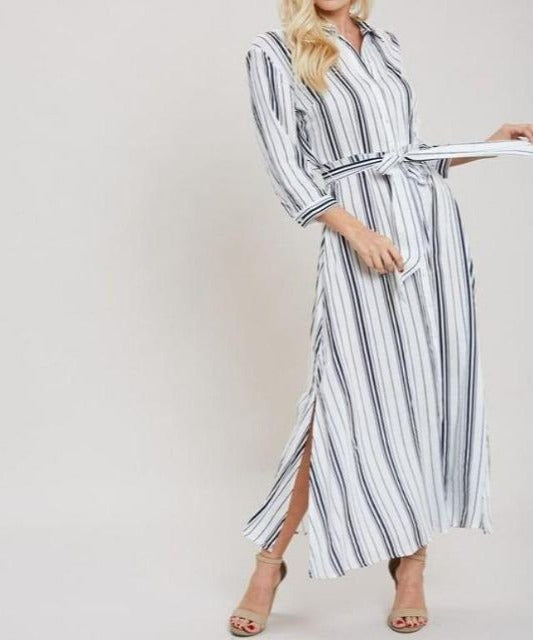Stripe Maxi Shirt Dress - Navy - DeVanit Boutique Stripe Maxi Shirt Dress - Navy - DeVanit Boutique