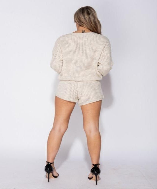 You Gots To Chill Waffle Knit Short Set in Barely Beige