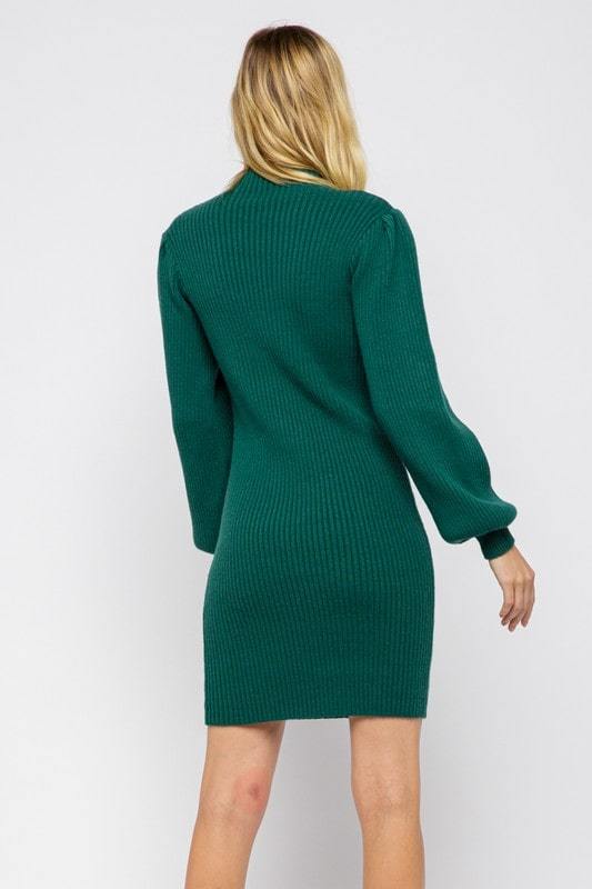 Always Chic Long Sleeve Sweater Dress. Emerald Green Back View