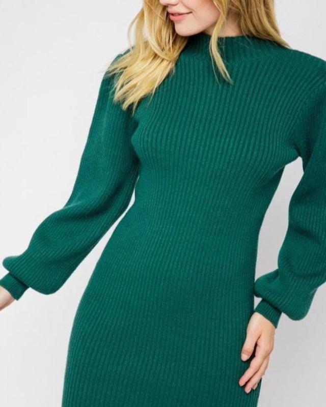 Always Chic Long Sleeve Sweater Dress. Emerald Green Front Detailed View