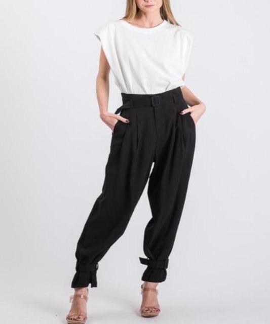 High Waist Belted Ankle Trousers - DeVanitè Boutique