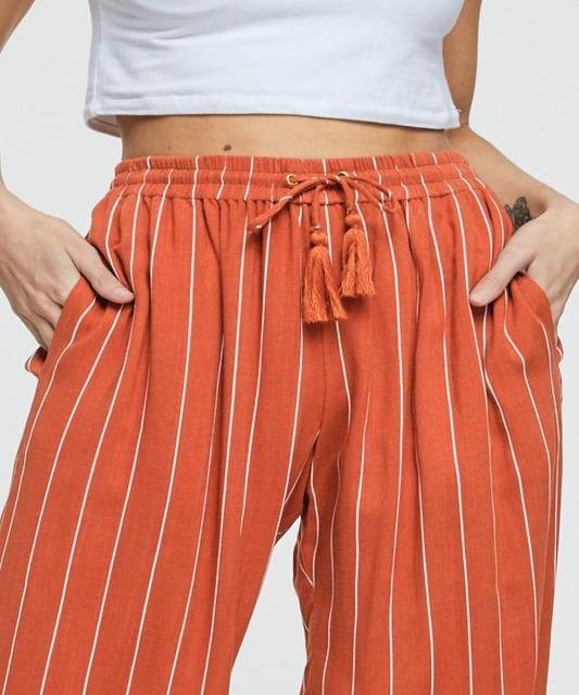Julia Tassel Detail Stripe Pants - Rust - DeVanitè Boutique