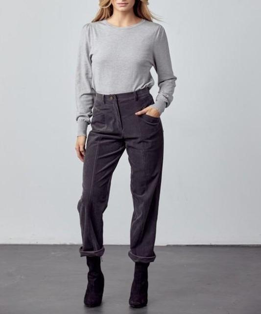 Retro High Waist Straight Leg Corduroy Pant in Gray. Front View. 