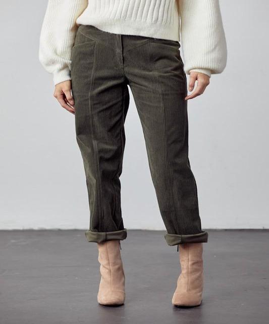 Retro High Waist Straight Leg Corduroy Pant in Olive. 