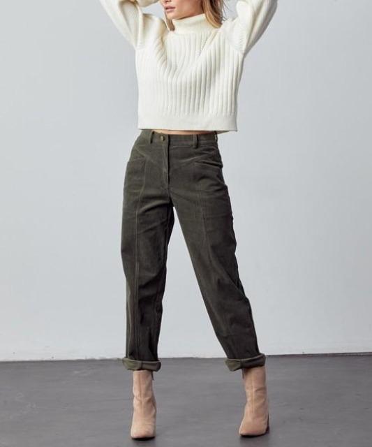 Retro High Waist Straight Leg Corduroy Pant in Olive. Front View