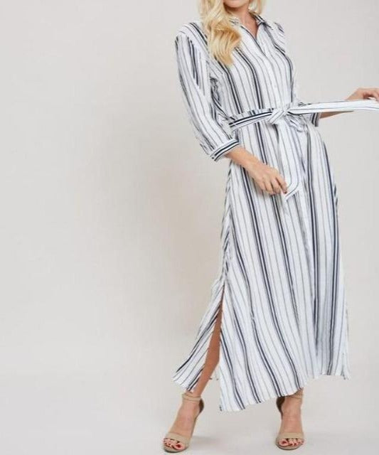 Stripe Maxi Shirt Dress - Navy - DeVanitè Boutique
