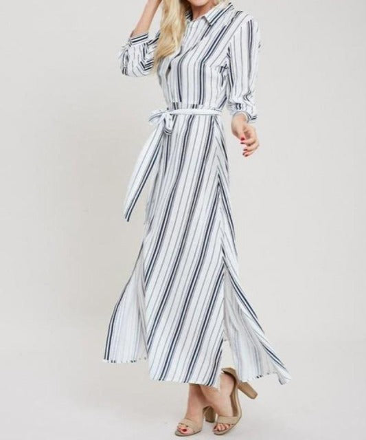 Stripe Maxi Shirt Dress - Navy - DeVanitè Boutique