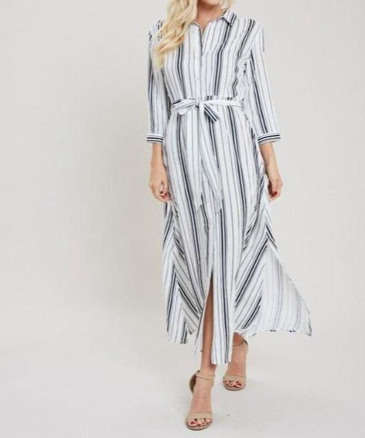 Stripe Maxi Shirt Dress - Navy - DeVanitè Boutique