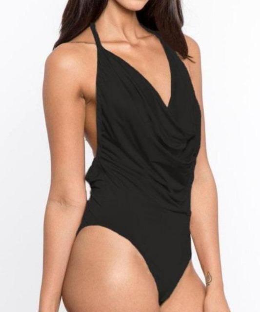 Swanky Draped Neck Bodysuit Black - DeVanitè Boutique