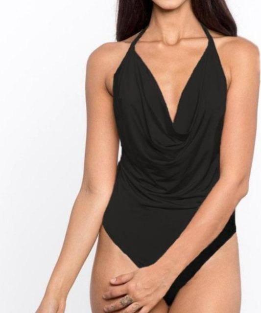 Swanky Draped Neck Bodysuit Black - DeVanitè Boutique