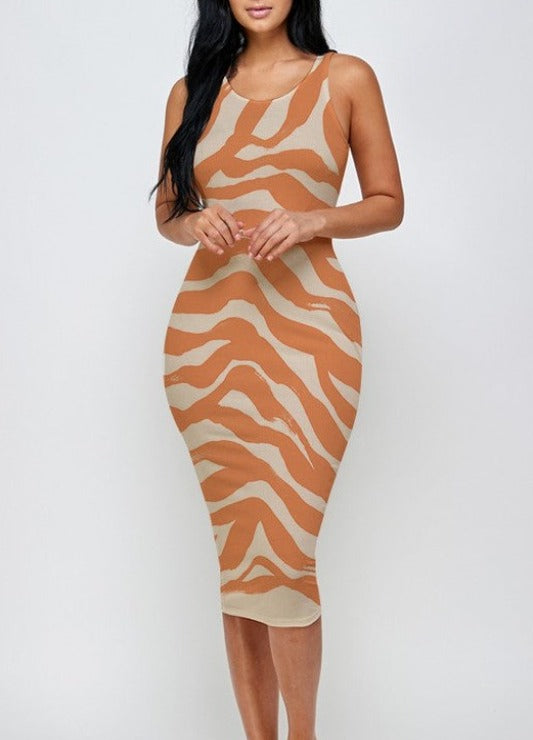 Zebra Print Ribbed Bodycon Midi Tank Dress - DeVanitè Boutique